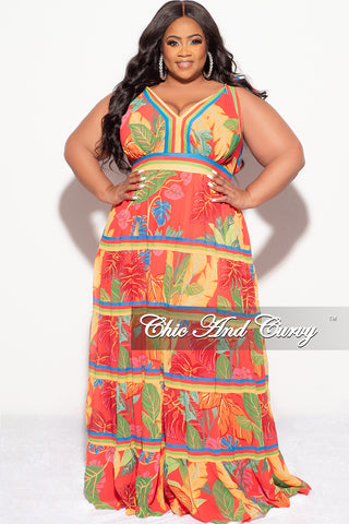 Final Sale Plus Size Chiffon Maxi Dress in Red Multi-Color Print
