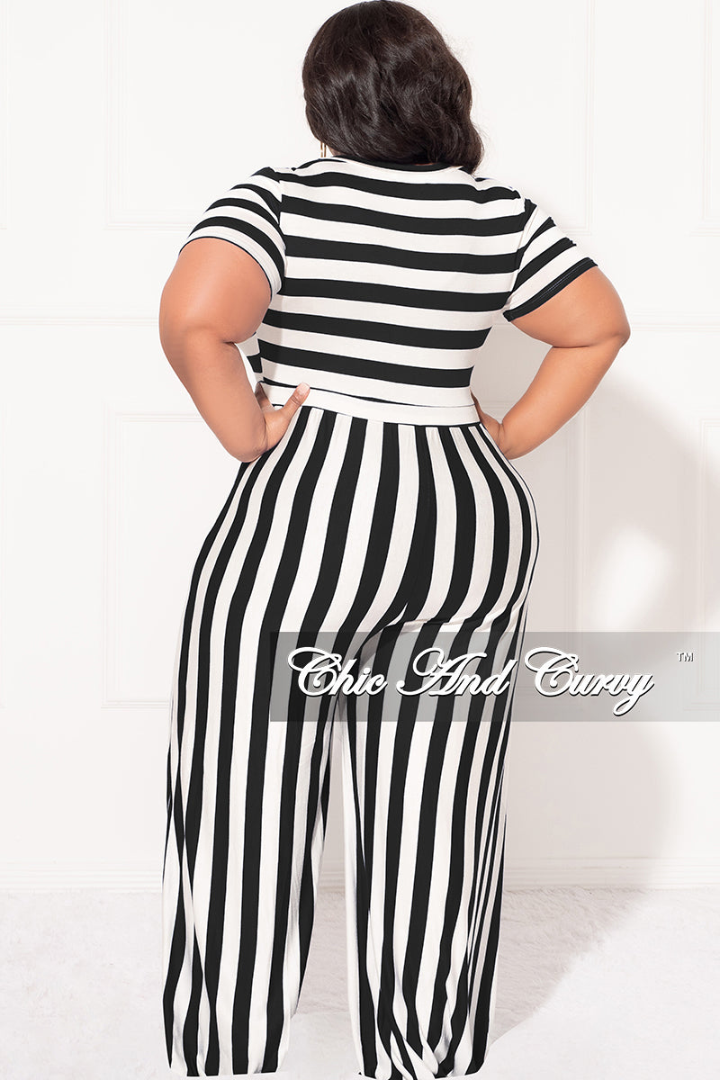 Final Sale Plus Size Short Sleeve Jumpsuit in Black and White Stripes
