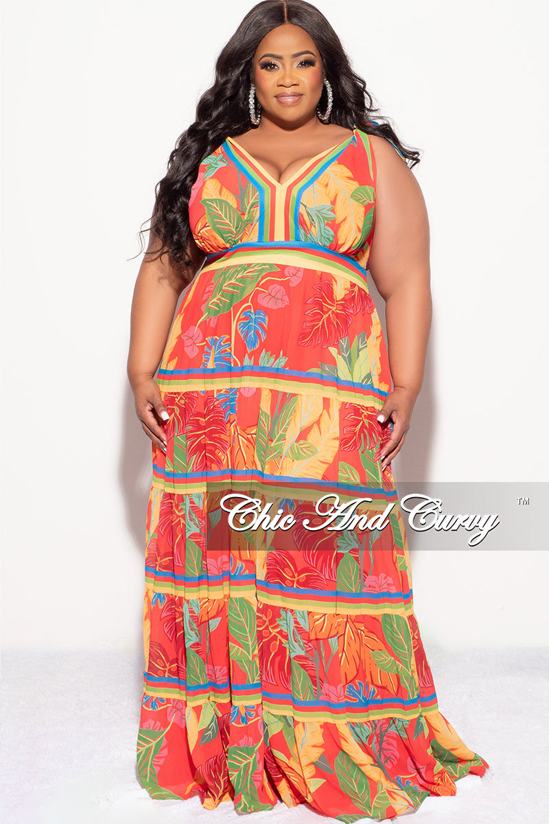 Final Sale Plus Size Chiffon Maxi Dress in Red Multi-Color Print