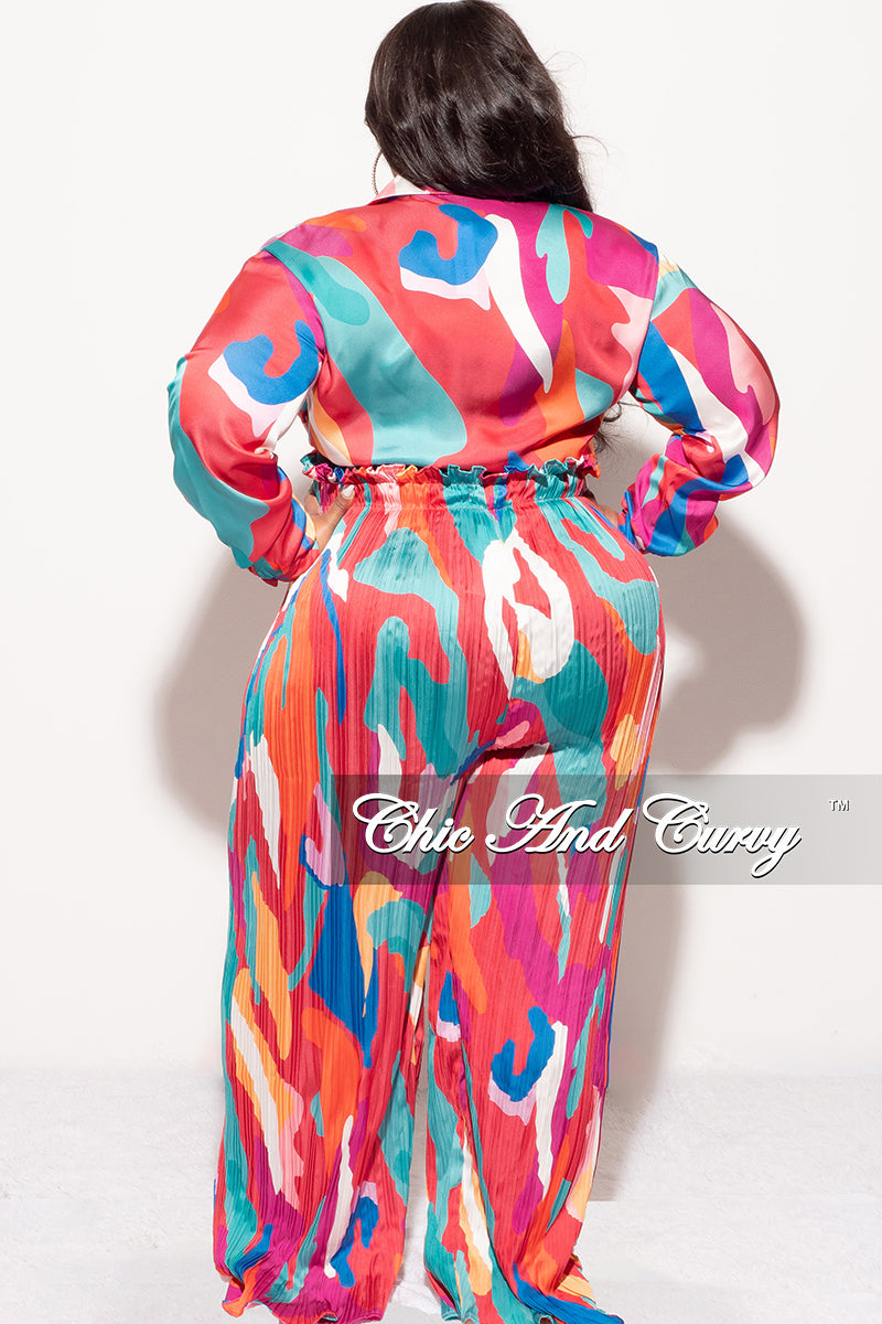 Final Sale Plus Size 2pc Satin Collar Tie Crop Top and Palazzo Pleated Pants in Multi Color Design Print