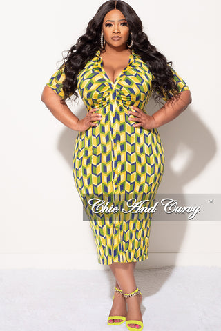 Final Sale Plus Size Collar Button Up BodyCon Dress in Blue, Green & Yellow
