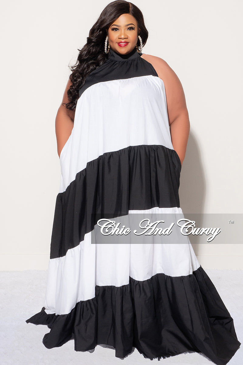 Final Sale Plus Size Halter Maxi Dress in Black & White Chic And Curvy Final Sale Plus Size Halter Maxi Dress in Black & White Chic And Curvy