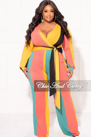 Final Sale Plus Size Faux Wrap Jumpsuit with Tie in Teal, Coral and Mustard