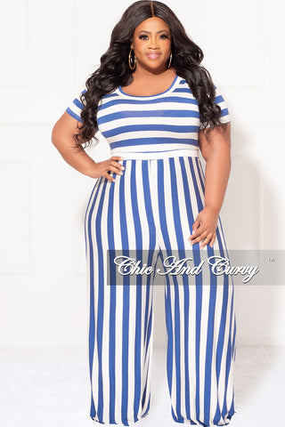 Final Sale Plus Size Short Sleeve Jumpsuit in Blue and White Stripes