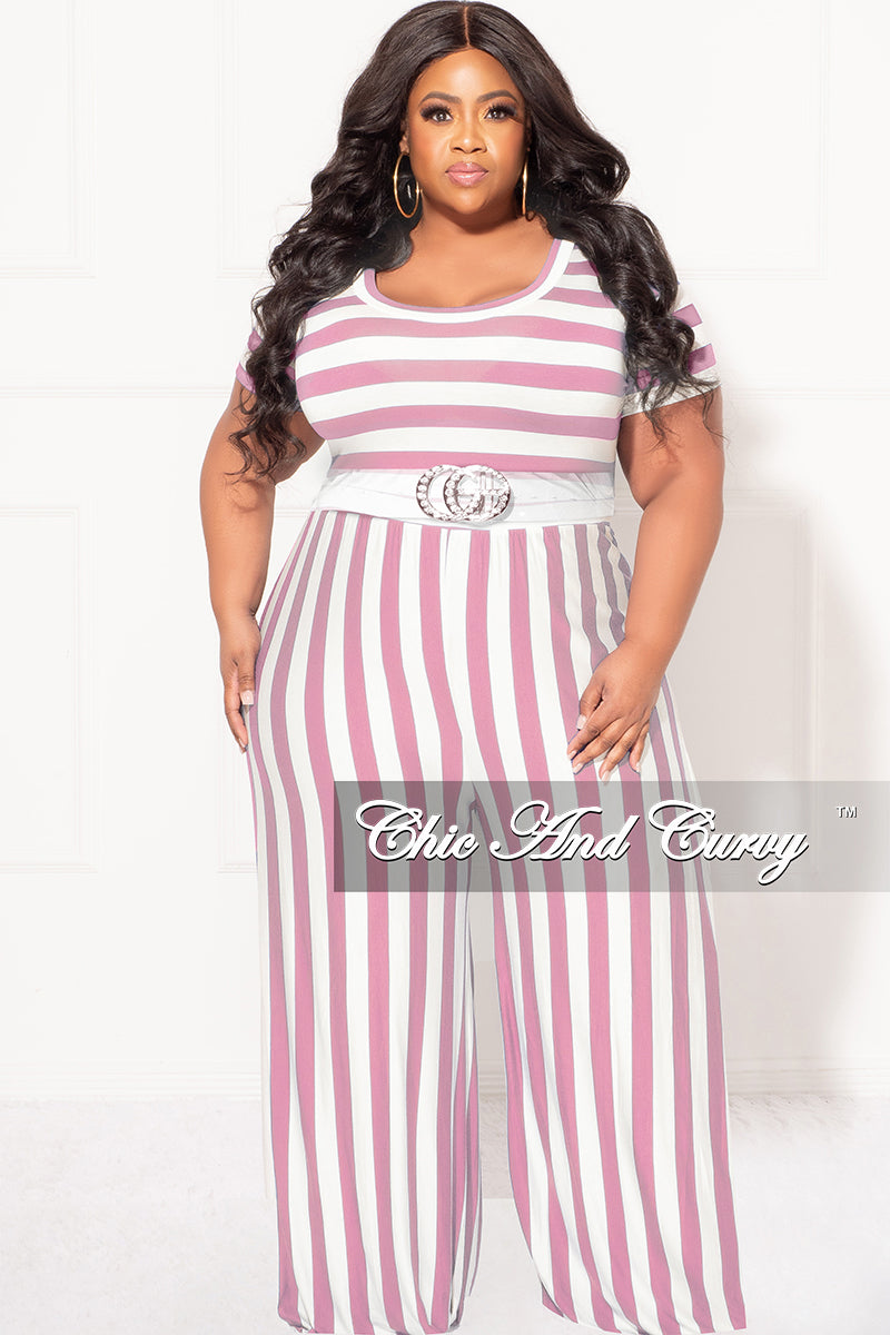 Final Sale Plus Size Short Sleeve Jumpsuit in Pink and White Stripes