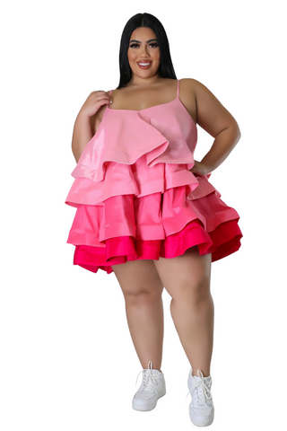 Final Sale Plus Size Spaghetti Strap Tiered Ruffle Mini Dress in Pink and Fuchsia
