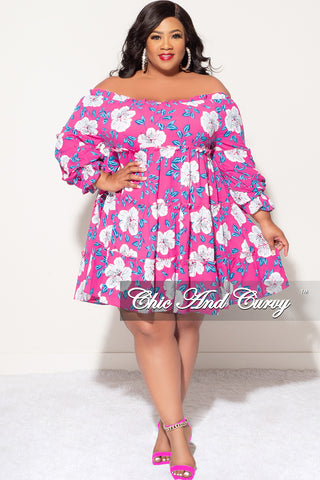 Final Sale Plus Size Off the Shoulder Dress in Fuchsia Floral Print