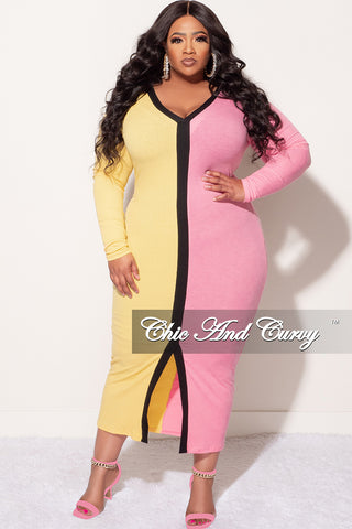 Final Sale Plus Size Color Block Ribbed Midi Dress with Front Slit in Pink Black And Yellow