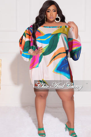 Final Sale Plus Size Off the Shoulder Bubble Dress in Beige Tropical Print F244