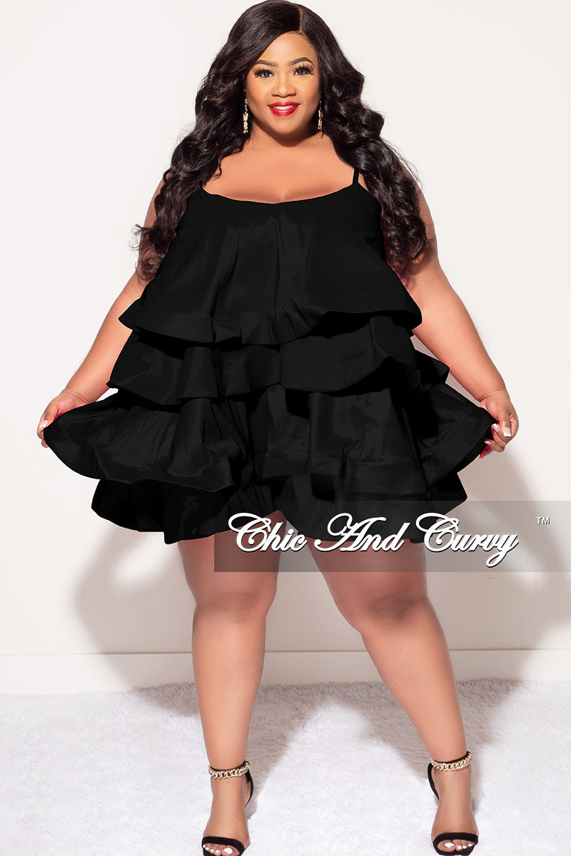 Final Sale Plus Size Spaghetti Strap Tiered Ruffle Mini Dress in Black Chic And Curvy Final Sale Plus Size Spaghetti Strap Tiered Ruffle Mini Dress in Black Chic And Curvy