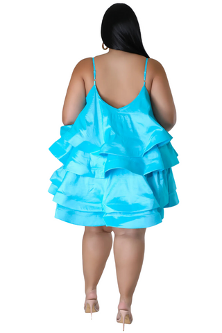 Final Sale Plus Size Spaghetti Strap Tiered Ruffle Mini Dress in Ice Blue