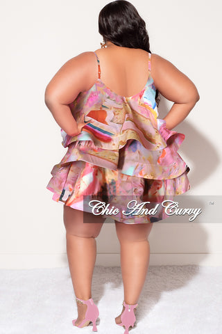 Final Sale Plus Size Spaghetti Strap Tiered Ruffle Mini Dress in Pink Multi Color