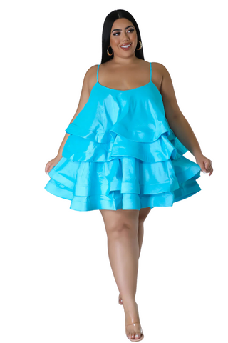 Final Sale Plus Size Spaghetti Strap Tiered Ruffle Mini Dress in Ice Blue