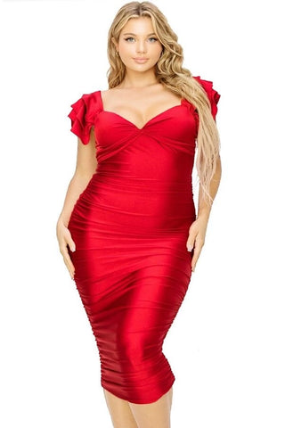 Final Sale Plus Size Shiny BodyCon Dress with Ruffle Layer Sleeves in Red