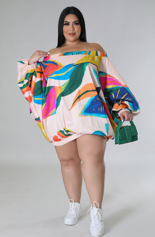 Final Sale Plus Size Off the Shoulder Bubble Dress in Beige Tropical Print F244