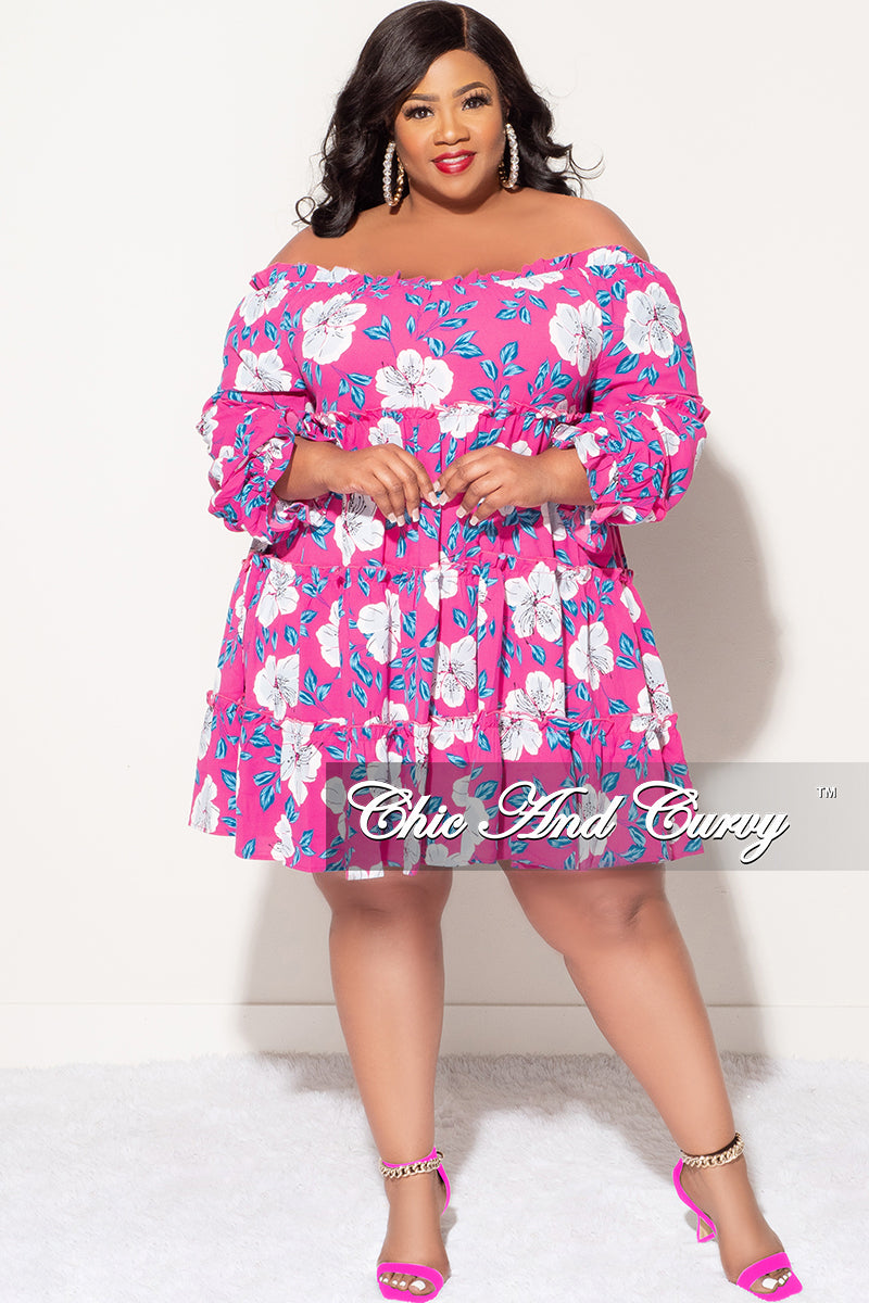 Final Sale Plus Size Off the Shoulder Dress in Fuchsia Floral Print