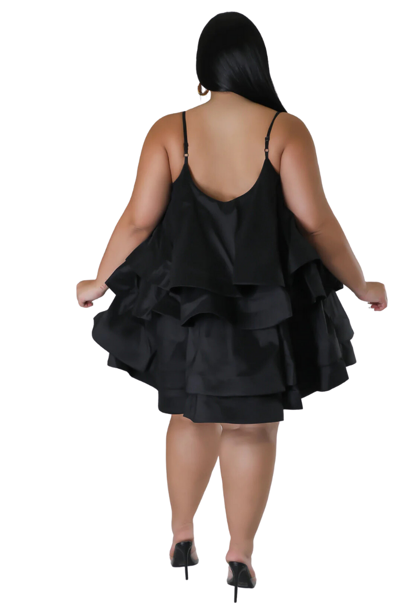 Final Sale Plus Size Spaghetti Strap Tiered Ruffle Mini Dress in Black