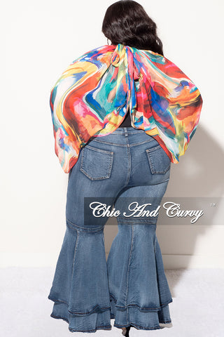 Final Sale Plus Size Chiffon Sheer Balloon Sleeve Crop Top in Multi-Color Paint Print