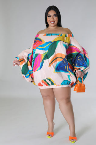 Final Sale Plus Size Off the Shoulder Bubble Dress in Beige Tropical Print F244