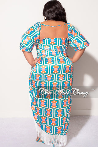Final Sale Plus Size 2pc Stain Set (Crop Tie Top and Fringe Trim Skirt) in Green Design Print