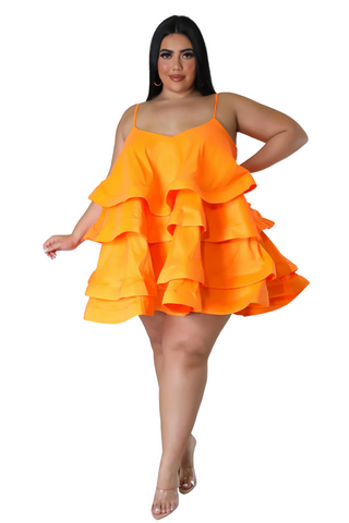 Final Sale Plus Size Spaghetti Strap Tiered Ruffle Mini Dress in Orange