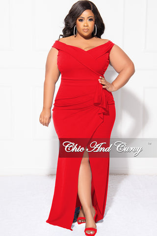 Final Sale Plus Size Off the Shoulder Gown with Front Slit and Side Ruffle in Red