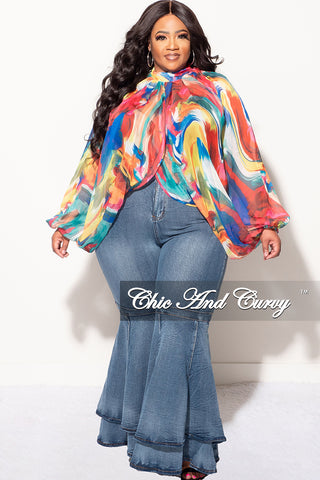 Final Sale Plus Size Chiffon Sheer Balloon Sleeve Crop Top in Multi-Color Paint Print