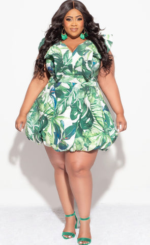 Final Sale Plus Size Ruffle Trim Babydoll Bubble Dress with Cutout Back in Green Tropical Print