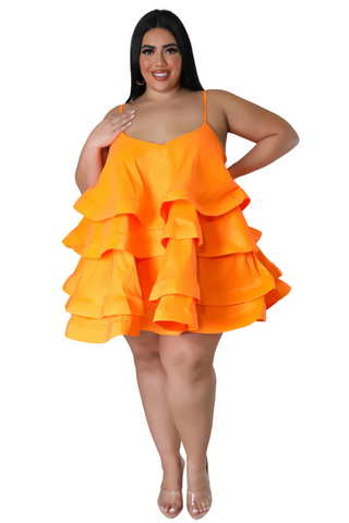 Final Sale Plus Size Spaghetti Strap Tiered Ruffle Mini Dress in Orange