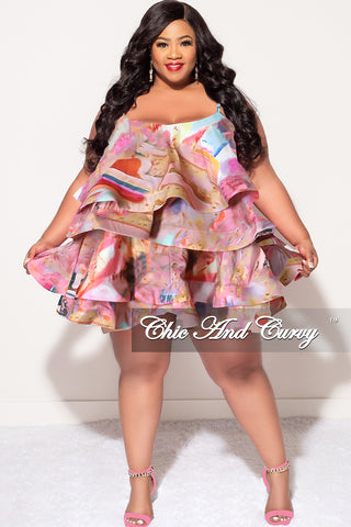 Final Sale Plus Size Spaghetti Strap Tiered Ruffle Mini Dress in Pink Multi Color