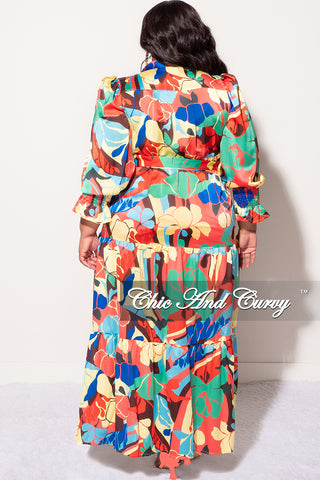 Final Sale Plus Size Satin Collar Button Up Maxi Dress with Attached Belt in Multi Color