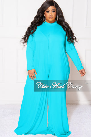 Final Sale Plus Size Long Sleeve Wide Leg Jumpsuit in Turquoise Blue