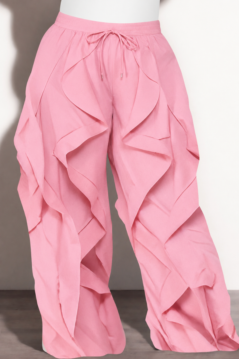 Final Sale Plus Size Wide Leg Drawstring Oversized Windbreaker Wavy Pants in Soft Pink