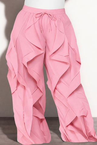 Final Sale Plus Size Wide Leg Drawstring Oversized Windbreaker Wavy Pants in Soft Pink