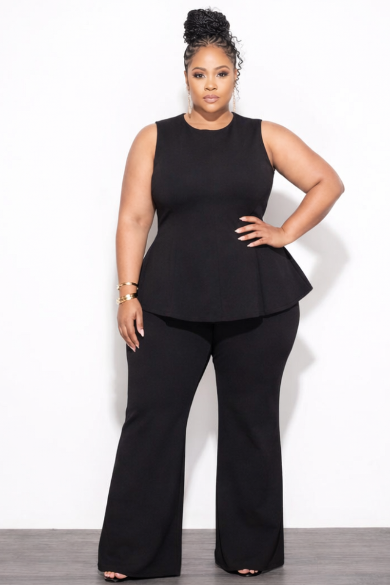 Final Sale Plus Size 2pc Peplum Top and Pants Set in Black