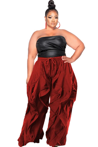 Final Sale Plus Size Wide Leg Drawstring Oversized Windbreaker Wavy Pants in Dark Red