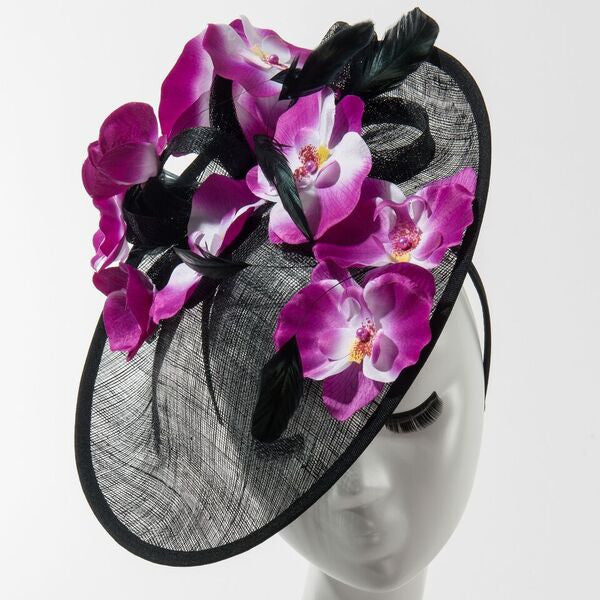 Final Sale Fascinator Hat with Orchid Flowers and Feathers in Black