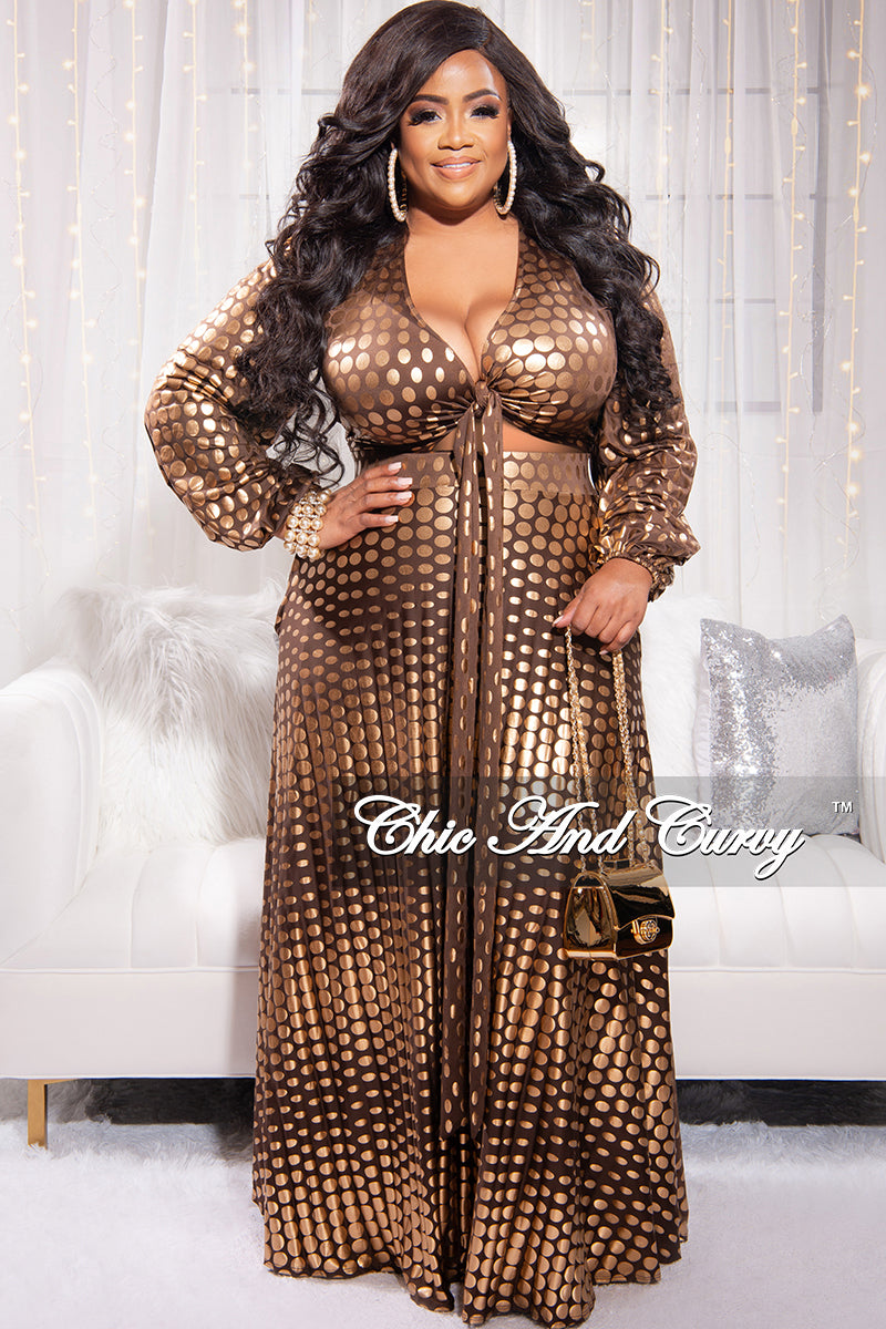 Final Sale Plus Size 2pc Long Sleeve Crop Tie Top and Skirt Set in Brown with Gold Polka Dot
