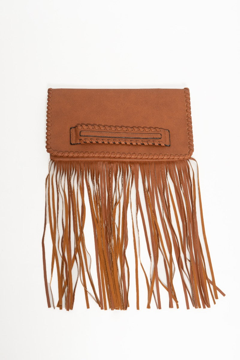 Final Sale Leather Clutch Purse with Bottom Fringe in Cognac