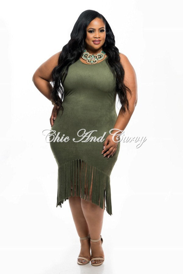 Final Sale Plus Size Faux Suede BodyCon with Bottom Fringe in Olive Green
