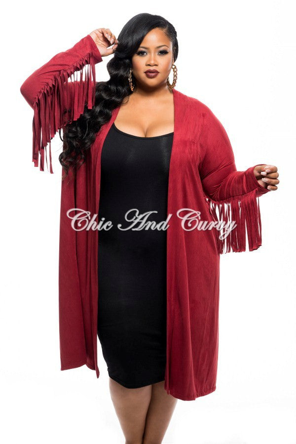 *New Plus Size Jacket in Faux Suede with Fringe Sleeves and Slit Back in Burgundy