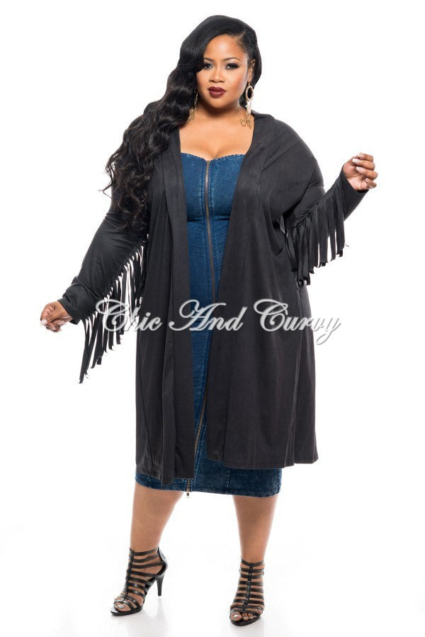 *New Plus Size Jacket in Faux Suede with Fringe Sleeves and Slit Back in Black