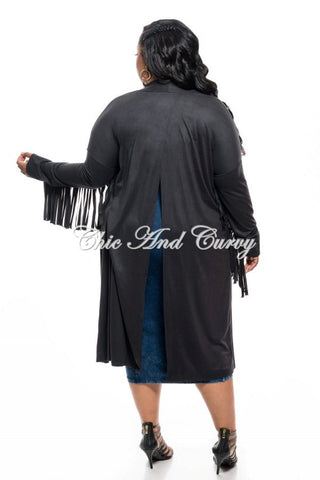 *New Plus Size Jacket in Faux Suede with Fringe Sleeves and Slit Back in Black