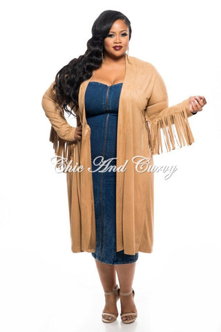 *New Plus Size Jacket in Faux Suede with Fringe Sleeves and Slit Back in Camel