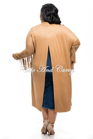 *New Plus Size Jacket in Faux Suede with Fringe Sleeves and Slit Back in Camel