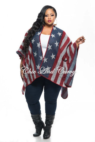 *Final Sale Plus Size Shawl in American Flag Print Navy Blue, Red, and Gray One Size