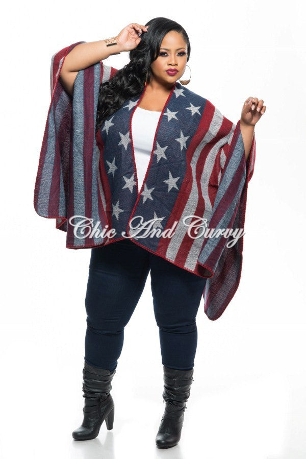 *Final Sale Plus Size Shawl in American Flag Print Navy Blue, Red, and Gray One Size