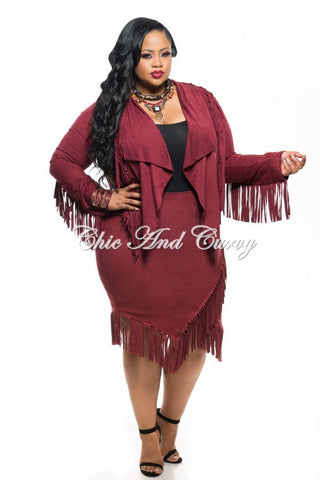 Final Sale Plus Size 2-Piece Faux Suede Jacket and Skirt w/ Fringe Trim in Burgundy