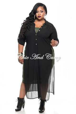Final Sale Plus Size Long Sheer Kimono with Button Front in Black ...