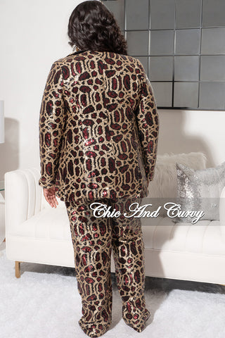 Final Sale Plus Size Sequin 2pc Suit in Burgundy Animal Print